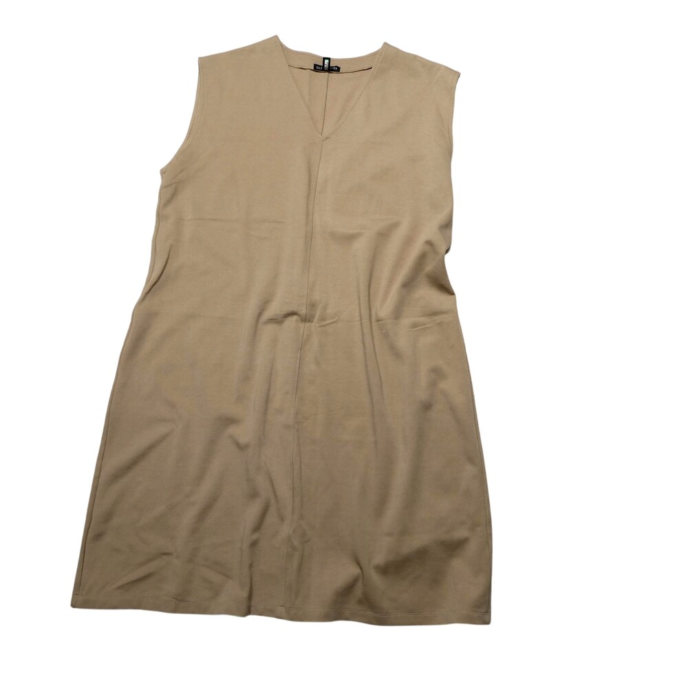 Eileen Fisher Dress Womens Large Beige V Neck Sleeveless Shift Stretch Knit USA